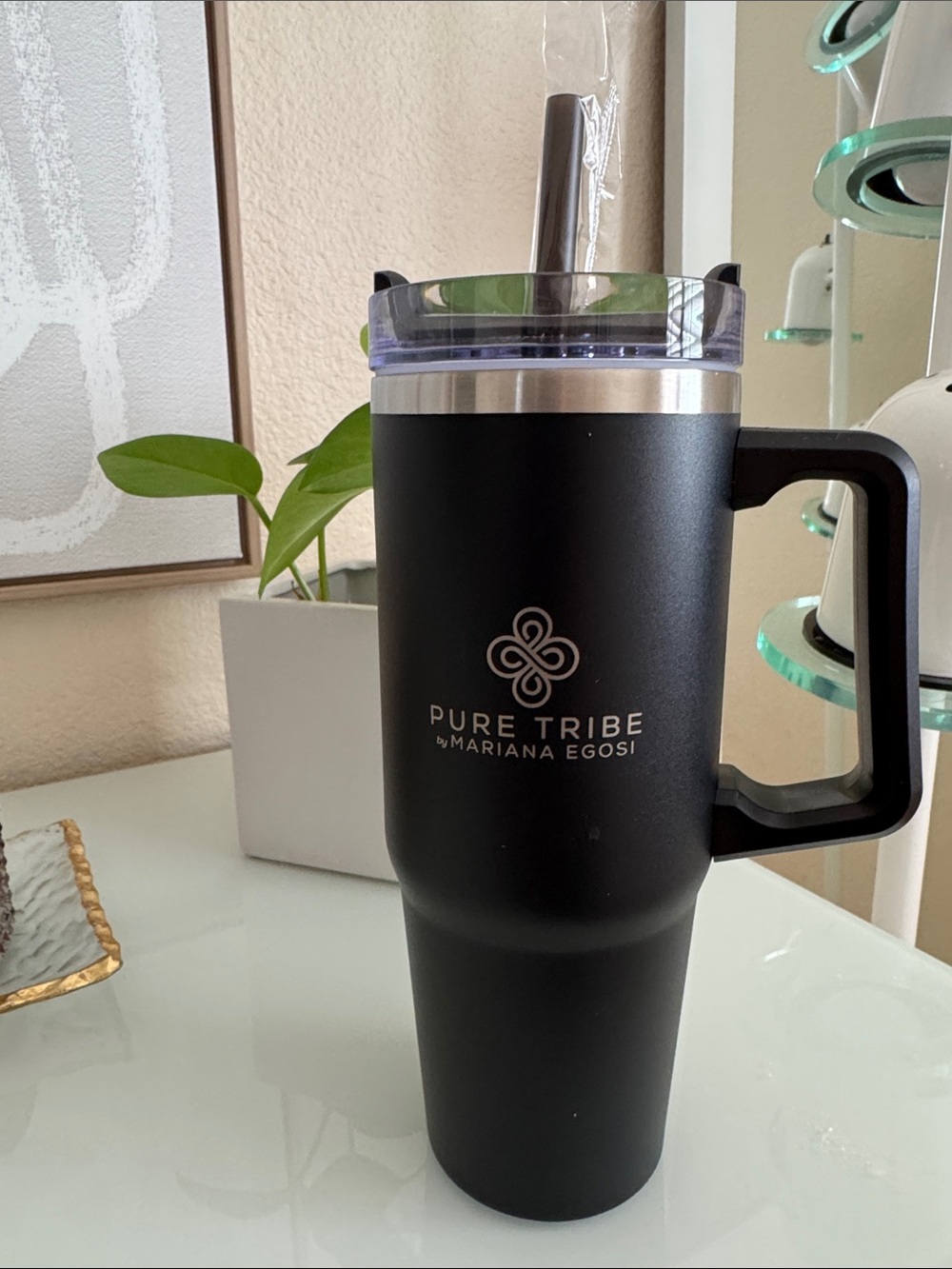 NEW Pure Tribe Black Travel Tumbler with Handle by Mariana Egosi